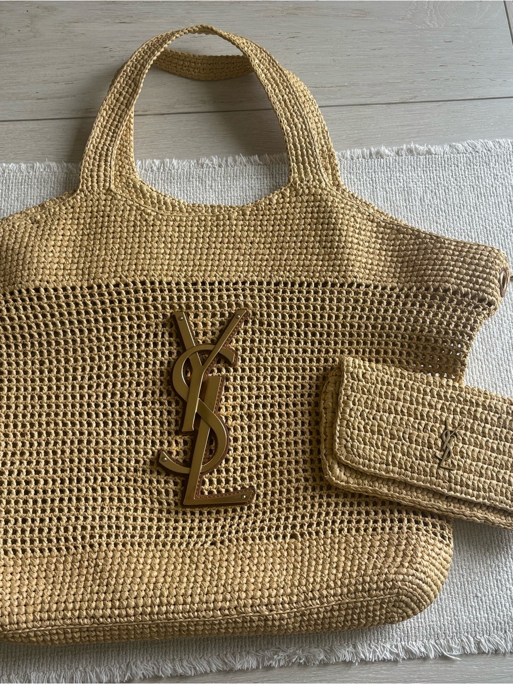 Saint Laurent Natural Raffia Tote with Gold YSL Logo - Picture 7 of 10